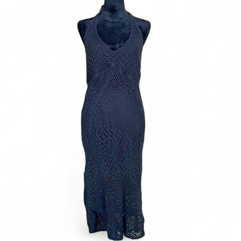 Y2K Black Crochet Halter Maxi Dress – Boho Beach Coverup M